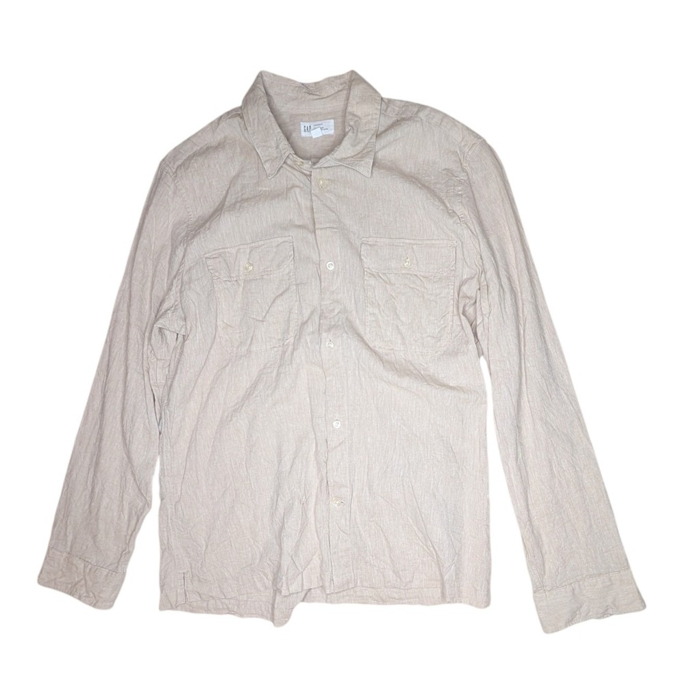 Gap Mens Large Linen Cotton Blend Striped Button Up Shirt Beige Standard Fit